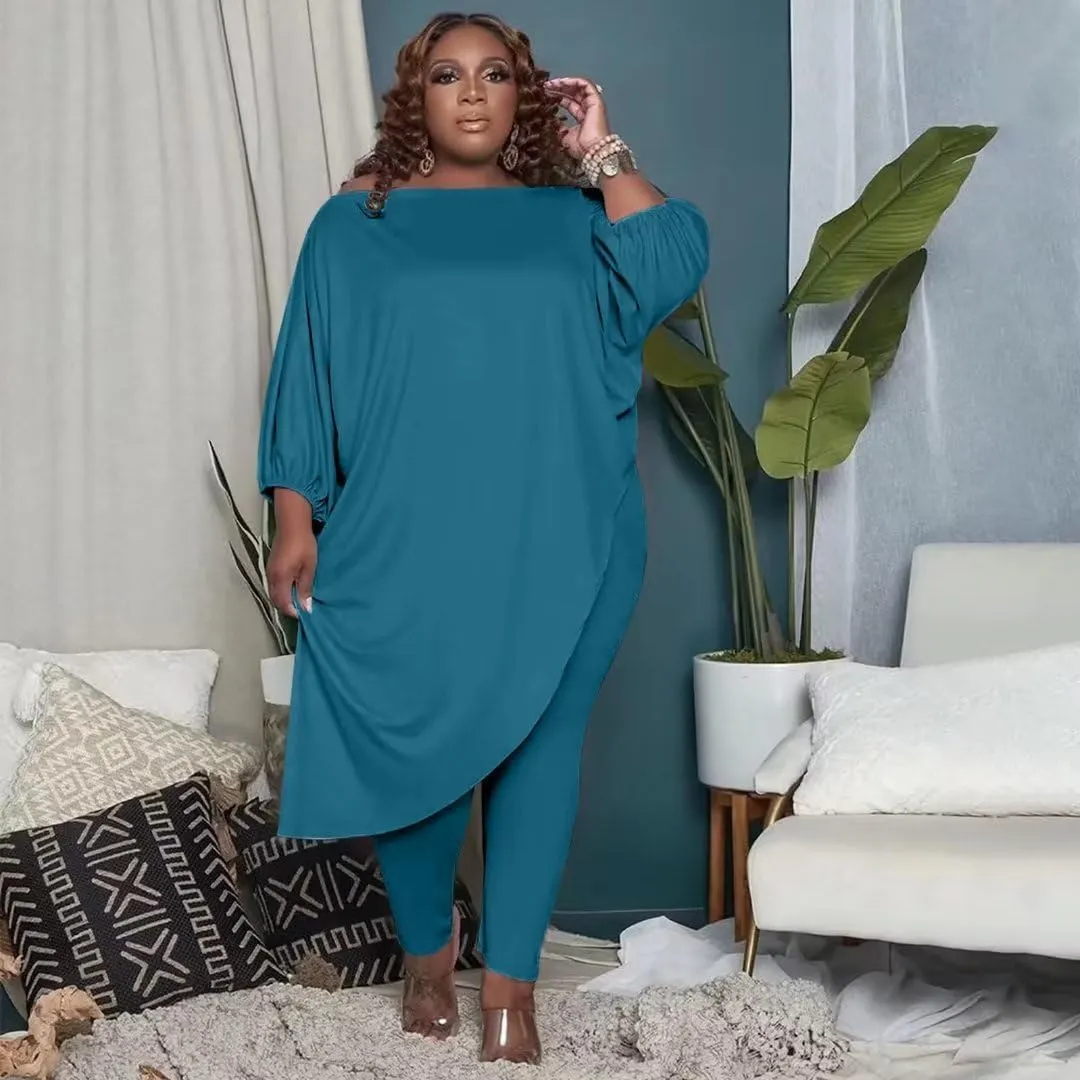 Plus Size Outfits for Women Tracksuits Long Sleeve Slant Shoulder Asymmetrica Tops Bodycon Pants Sweatsuit Sets