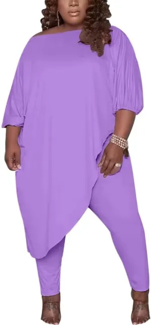 Plus Size Outfits for Women Tracksuits Long Sleeve Slant Shoulder Asymmetrica Tops Bodycon Pants Sweatsuit Sets