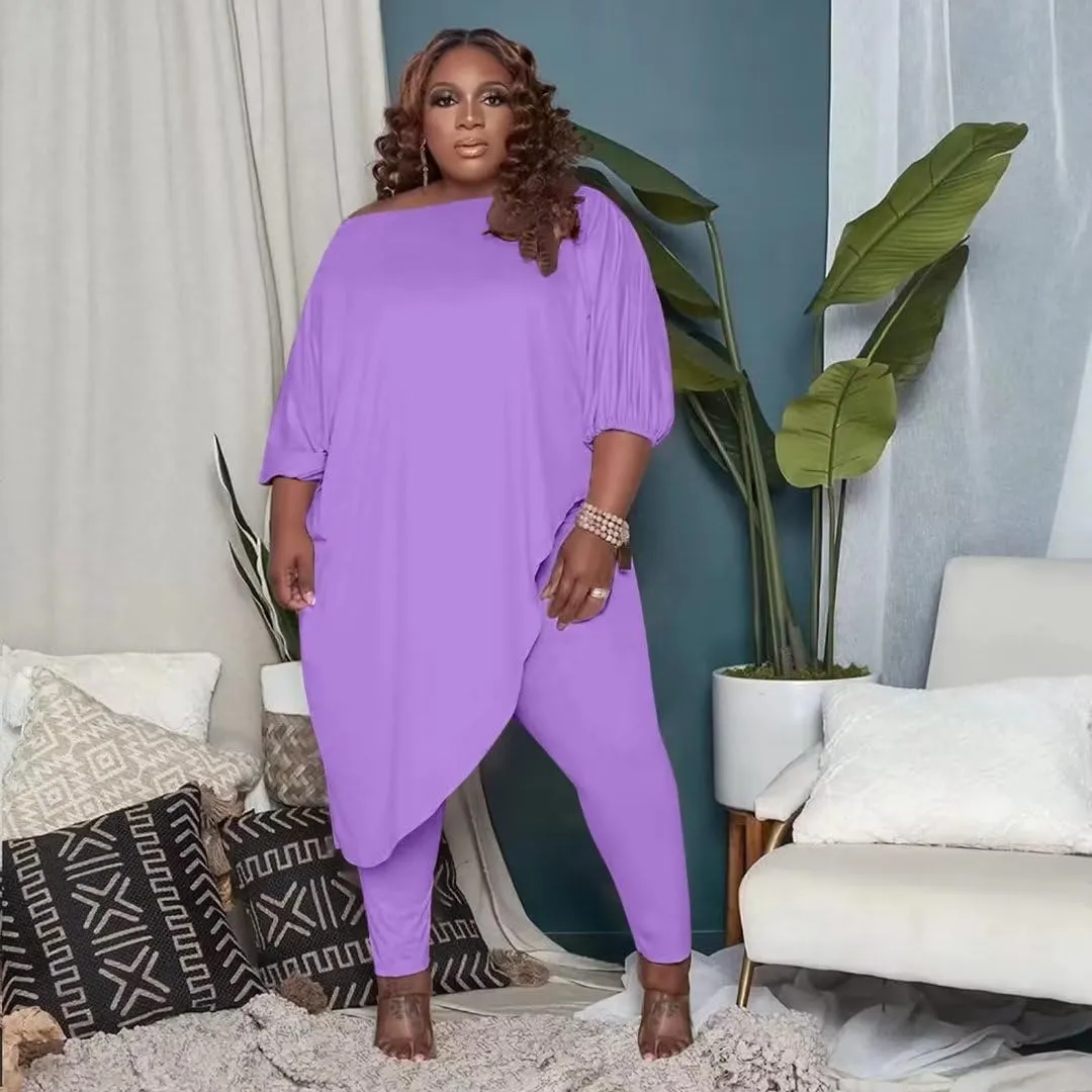 Plus Size Outfits for Women Tracksuits Long Sleeve Slant Shoulder Asymmetrica Tops Bodycon Pants Sweatsuit Sets