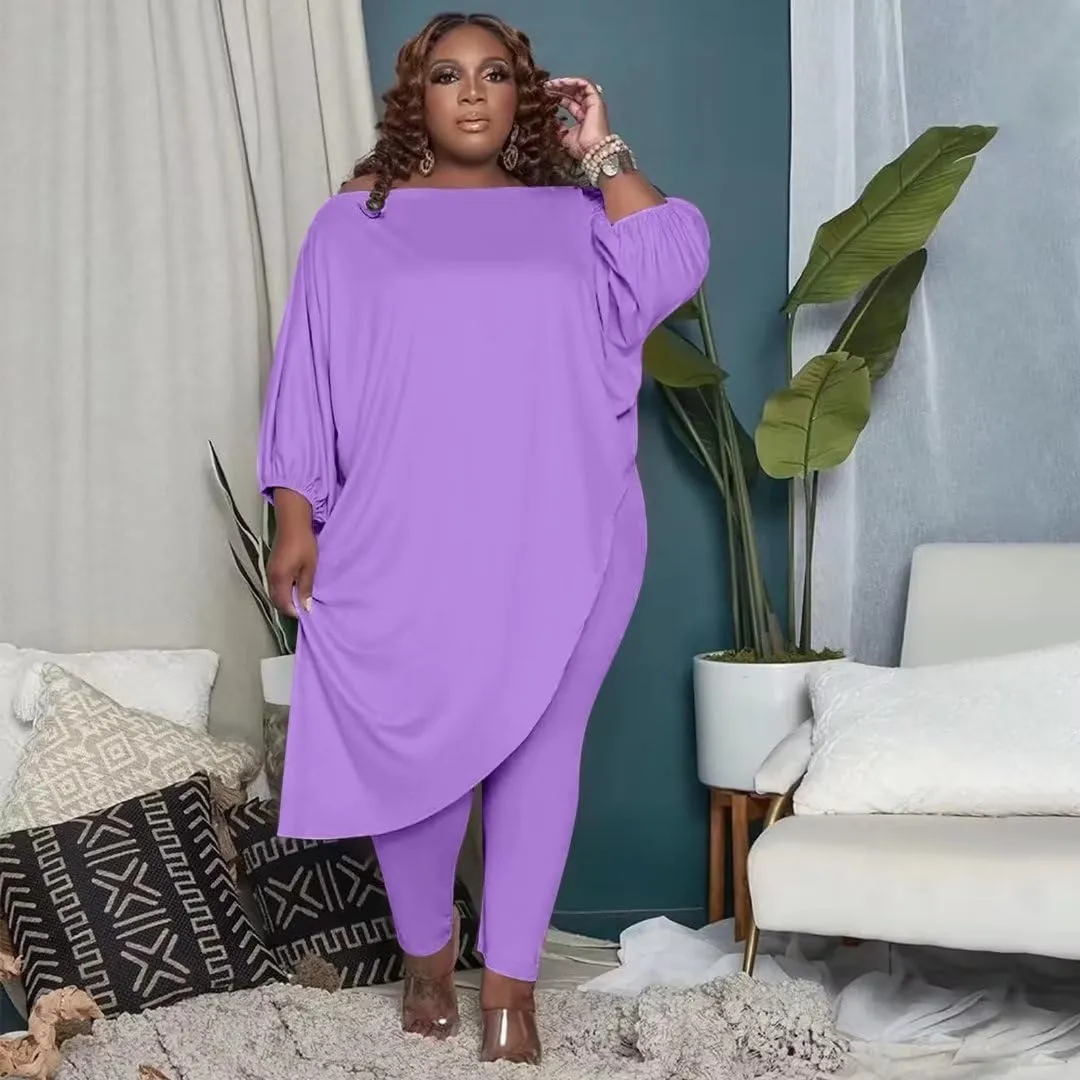 Plus Size Outfits for Women Tracksuits Long Sleeve Slant Shoulder Asymmetrica Tops Bodycon Pants Sweatsuit Sets