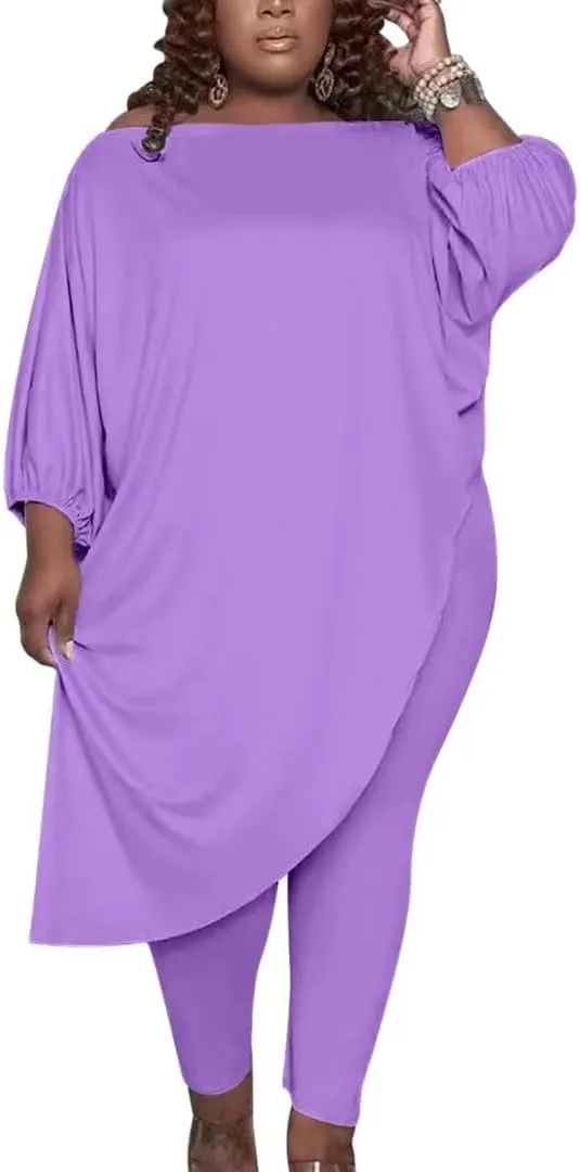 Plus Size Outfits for Women Tracksuits Long Sleeve Slant Shoulder Asymmetrica Tops Bodycon Pants Sweatsuit Sets