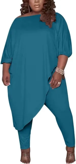 Plus Size Outfits for Women Tracksuits Long Sleeve Slant Shoulder Asymmetrica Tops Bodycon Pants Sweatsuit Sets