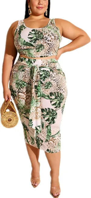 Plus Size Women 2 Piece Outfits Sets Sexy Tracksuit Midi Dress,Sleeveless Tank Top Bodycon Skirts Set Casual Summer