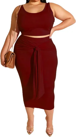 Plus Size Women 2 Piece Outfits Sets Sexy Tracksuit Midi Dress,Sleeveless Tank Top Bodycon Skirts Set Casual Summer