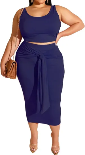 Plus Size Women 2 Piece Outfits Sets Sexy Tracksuit Midi Dress,Sleeveless Tank Top Bodycon Skirts Set Casual Summer