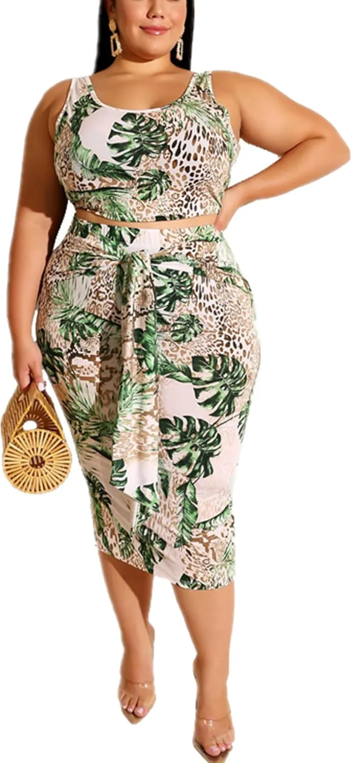 Plus Size Women 2 Piece Outfits Sets Sexy Tracksuit Midi Dress,Sleeveless Tank Top Bodycon Skirts Set Casual Summer