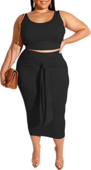 Plus Size Women 2 Piece Outfits Sets Sexy Tracksuit Midi Dress,Sleeveless Tank Top Bodycon Skirts Set Casual Summer