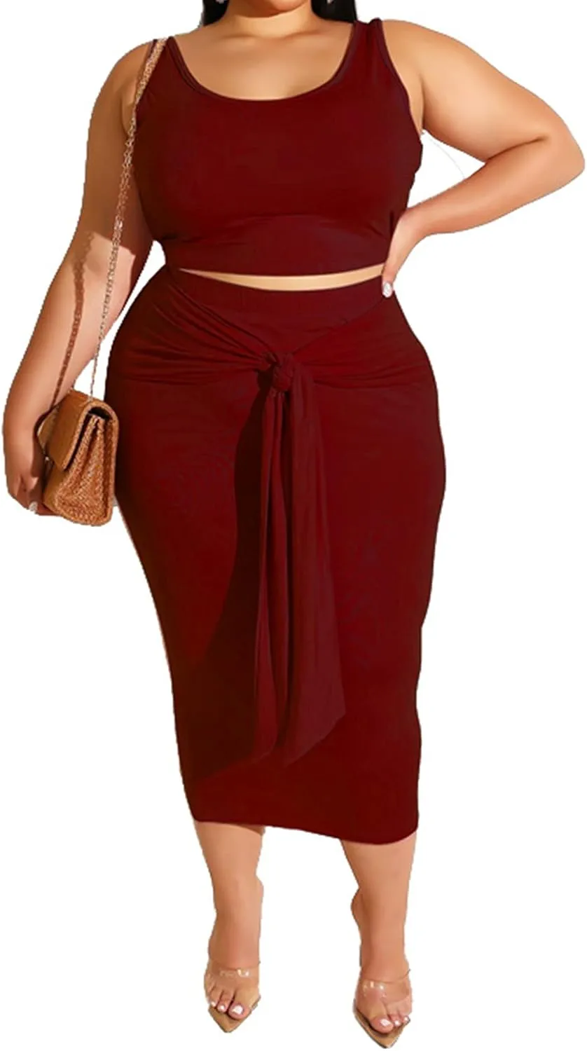 Plus Size Women 2 Piece Outfits Sets Sexy Tracksuit Midi Dress,Sleeveless Tank Top Bodycon Skirts Set Casual Summer