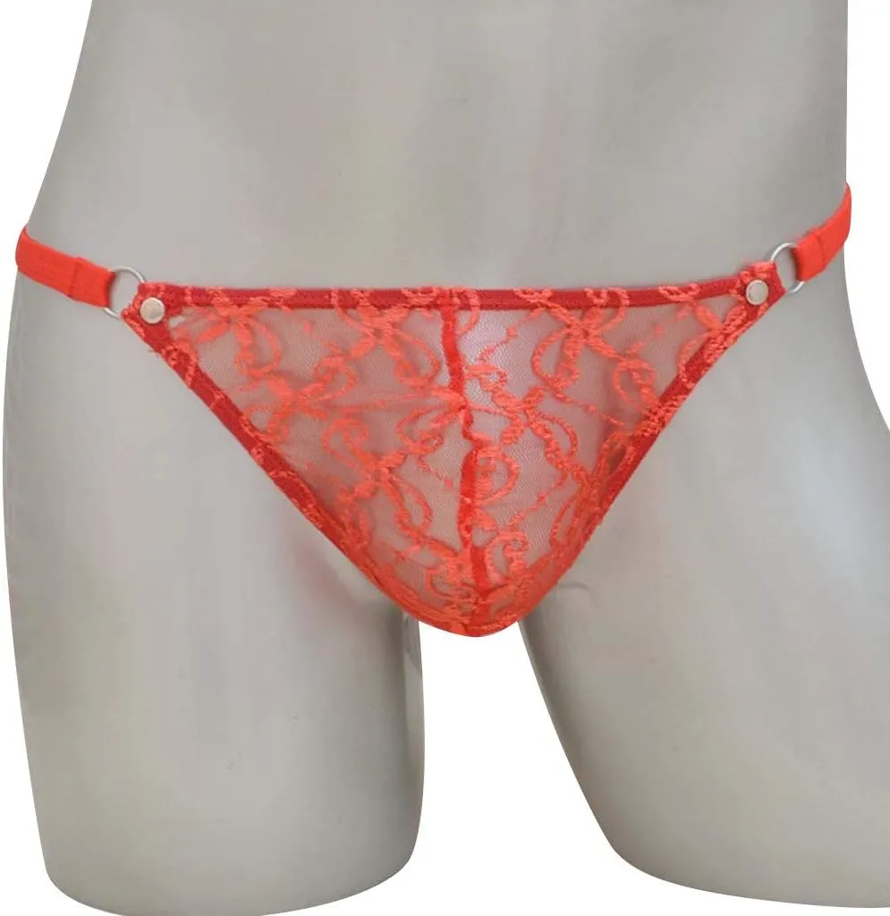 Pouch Brief G-String T-Back Lingerie Men's Lace Thong Panty Mesh Lingerie for Women (Red, XL)