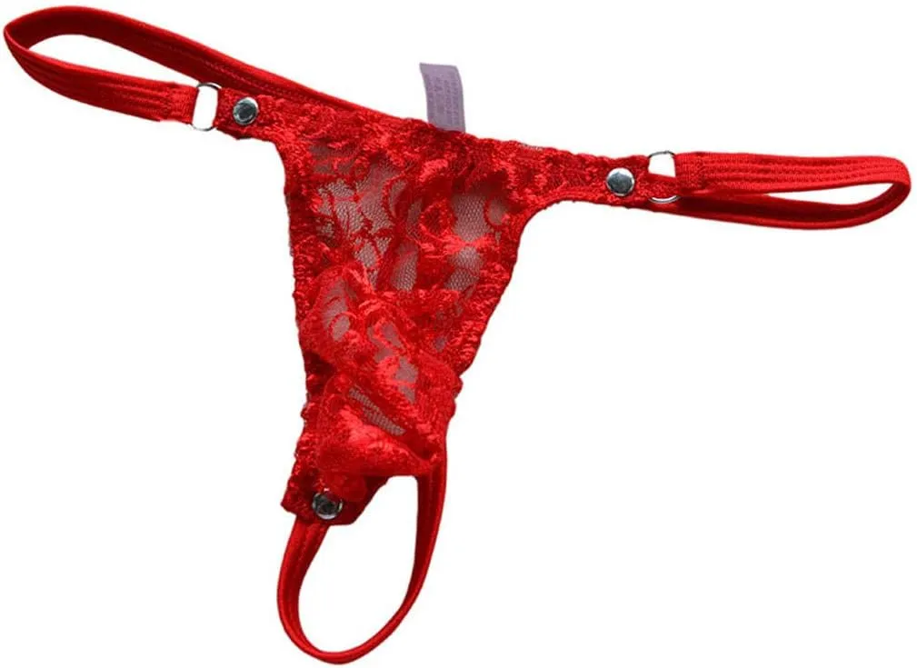 Pouch Brief G-String T-Back Lingerie Men's Lace Thong Panty Mesh Lingerie for Women (Red, XL)