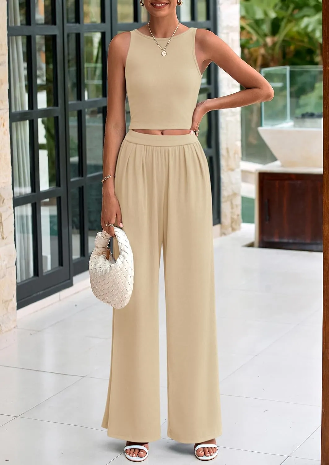 PRETTYGARDEN Spring Two Piece Sets For Women 2025 Ribbed Knit Crew Neck Sleeveless Tank Tops Wide Leg Pants Casual Lounge Set