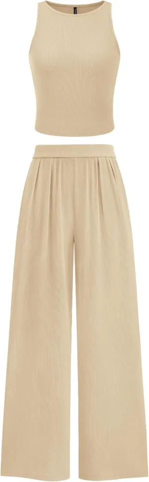 PRETTYGARDEN Spring Two Piece Sets For Women 2025 Ribbed Knit Crew Neck Sleeveless Tank Tops Wide Leg Pants Casual Lounge Set