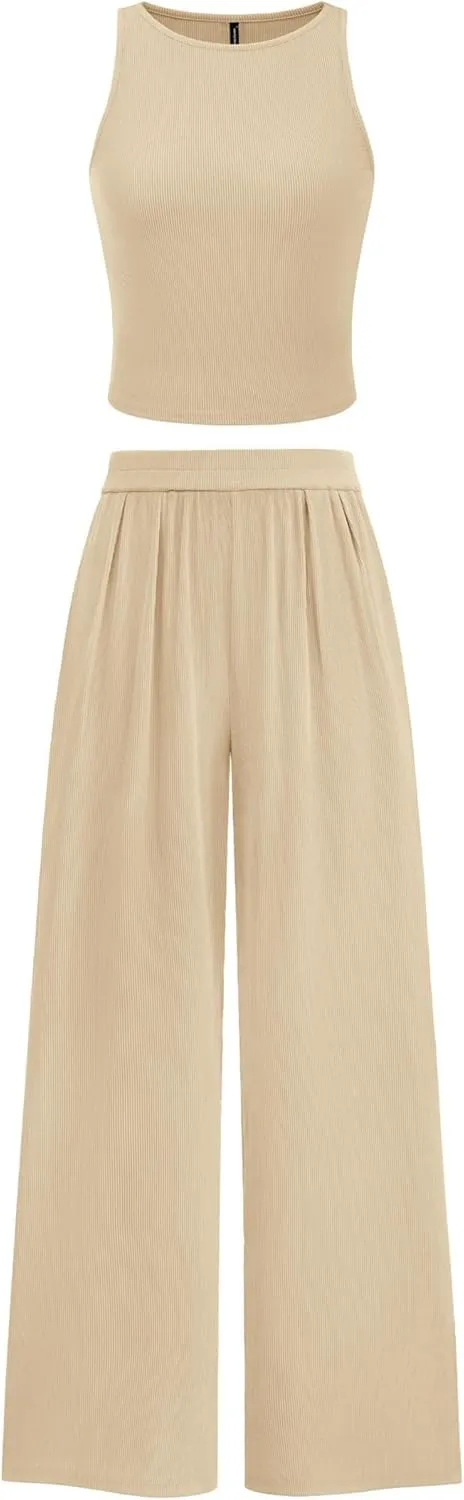 PRETTYGARDEN Spring Two Piece Sets For Women 2025 Ribbed Knit Crew Neck Sleeveless Tank Tops Wide Leg Pants Casual Lounge Set