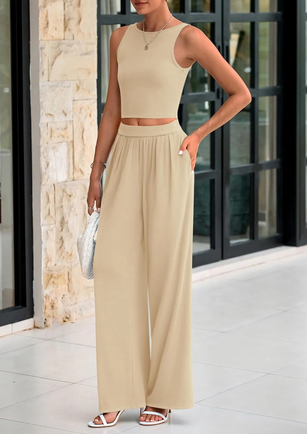 PRETTYGARDEN Spring Two Piece Sets For Women 2025 Ribbed Knit Crew Neck Sleeveless Tank Tops Wide Leg Pants Casual Lounge Set
