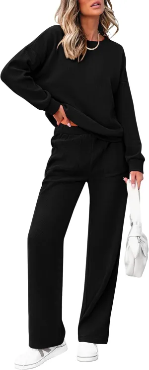 PRETTYGARDEN Women's 2 Piece Outfits 2024 Winter Fashion Tracksuits Long Sleeve Pullover Tops Straight Leg Pants Lounge Sets