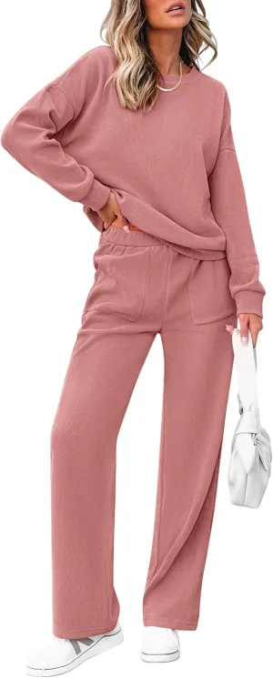 PRETTYGARDEN Women's 2 Piece Outfits 2024 Winter Fashion Tracksuits Long Sleeve Pullover Tops Straight Leg Pants Lounge Sets