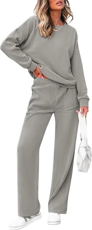 PRETTYGARDEN Women's 2 Piece Outfits 2024 Winter Fashion Tracksuits Long Sleeve Pullover Tops Straight Leg Pants Lounge Sets