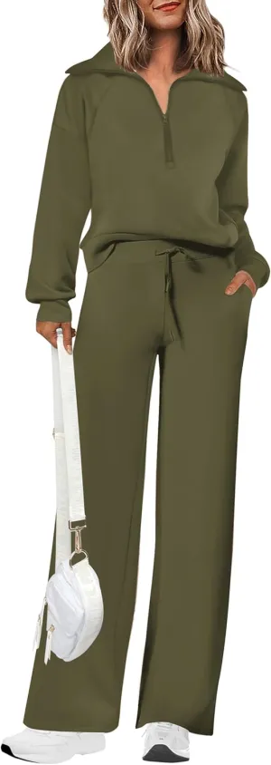 PRETTYGARDEN Women's 2 Piece Outfits Casual Lapel Half Zip Sweatshirts And Wide Leg Pants Tracksuit Sets