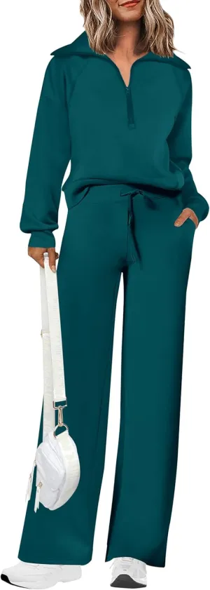 PRETTYGARDEN Women's 2 Piece Outfits Casual Lapel Half Zip Sweatshirts And Wide Leg Pants Tracksuit Sets