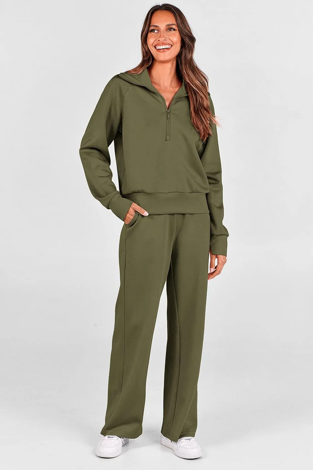 PRETTYGARDEN Women's 2 Piece Outfits Casual Lapel Half Zip Sweatshirts And Wide Leg Pants Tracksuit Sets