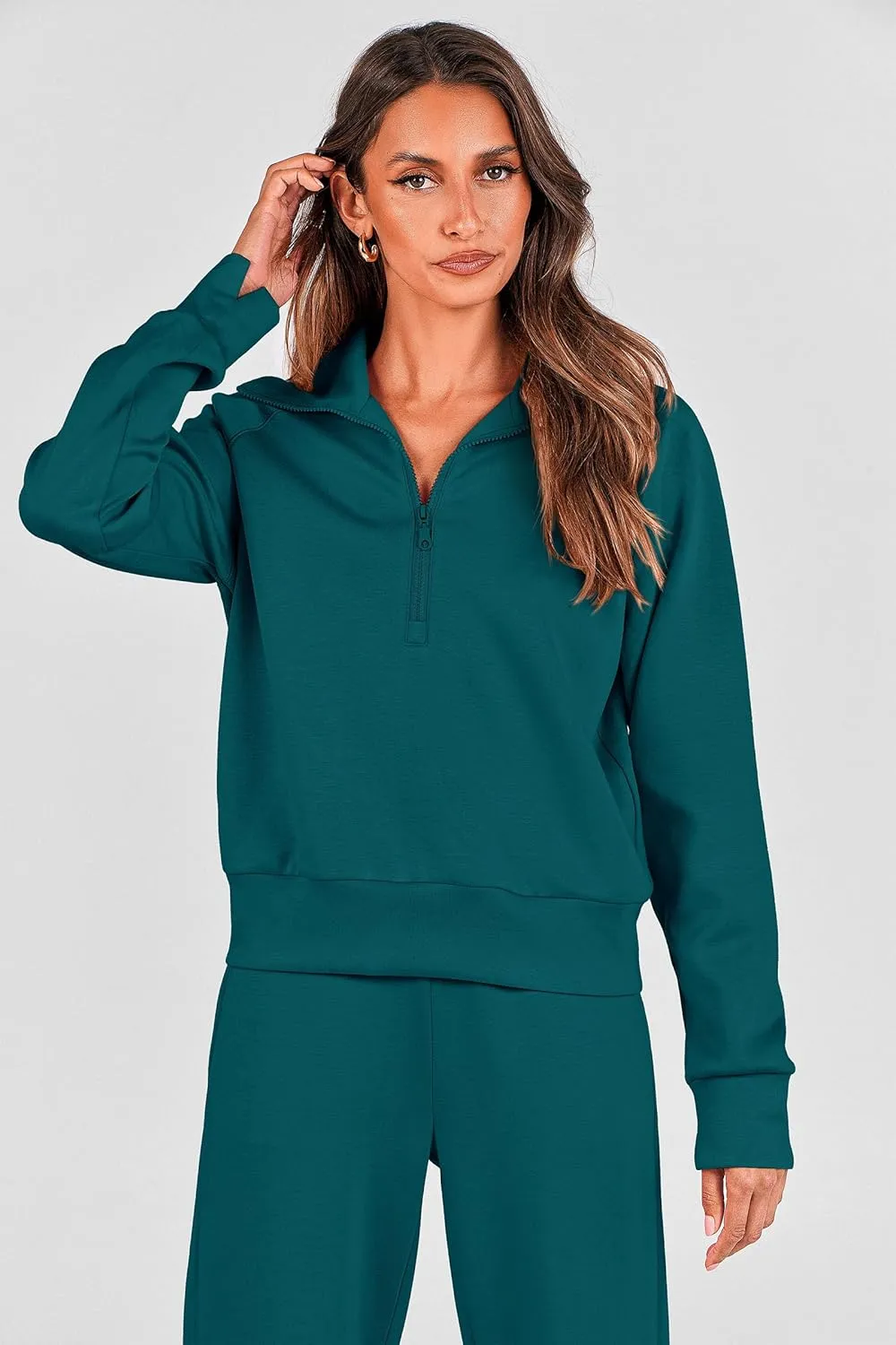 PRETTYGARDEN Women's 2 Piece Outfits Casual Lapel Half Zip Sweatshirts And Wide Leg Pants Tracksuit Sets