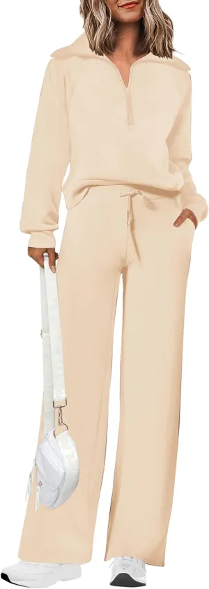 PRETTYGARDEN Women's 2 Piece Outfits Casual Lapel Half Zip Sweatshirts And Wide Leg Pants Tracksuit Sets