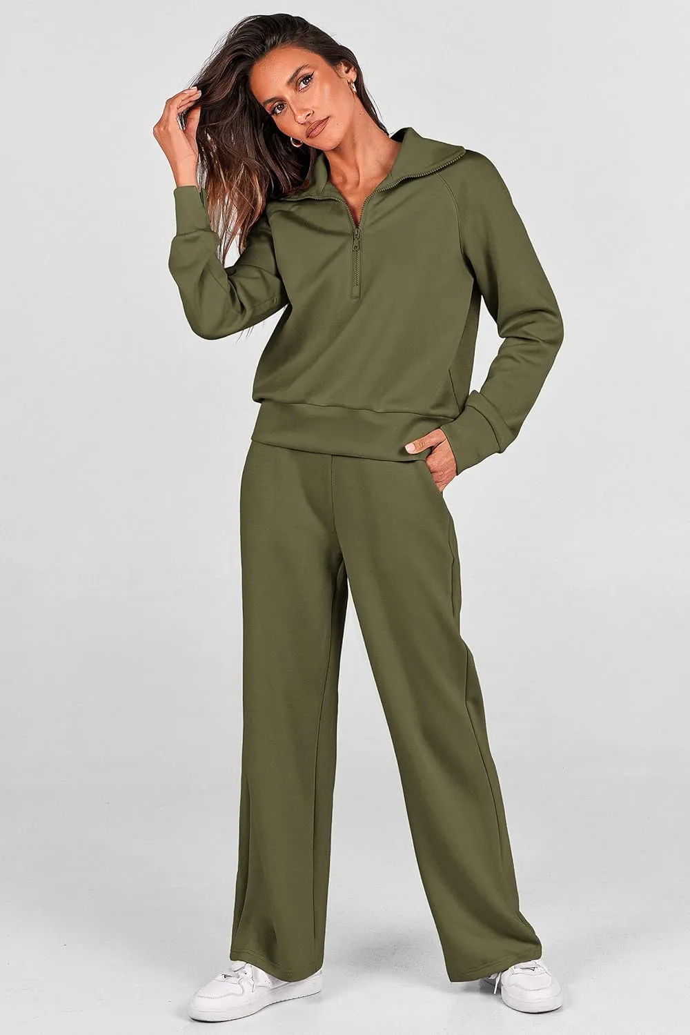 PRETTYGARDEN Women's 2 Piece Outfits Casual Lapel Half Zip Sweatshirts And Wide Leg Pants Tracksuit Sets