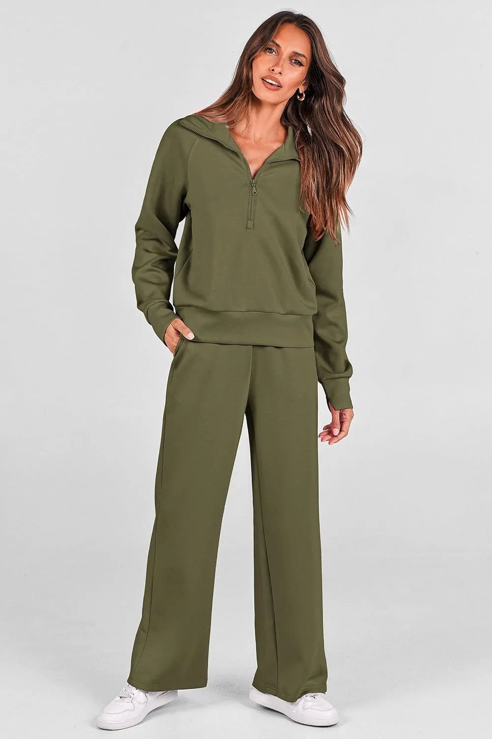 PRETTYGARDEN Women's 2 Piece Outfits Casual Lapel Half Zip Sweatshirts And Wide Leg Pants Tracksuit Sets