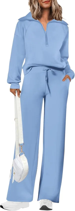 PRETTYGARDEN Women's 2 Piece Outfits Casual Lapel Half Zip Sweatshirts And Wide Leg Pants Tracksuit Sets