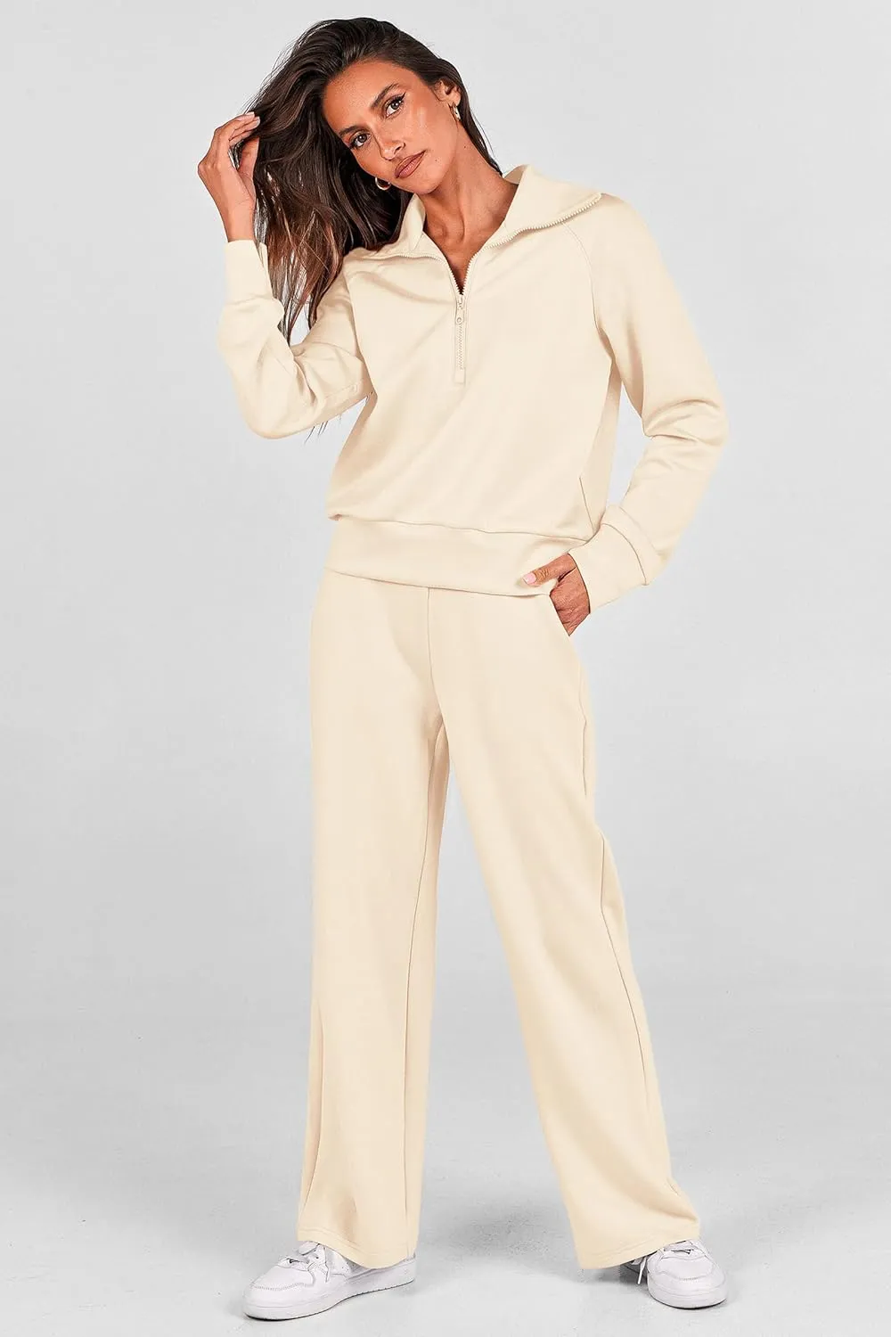 PRETTYGARDEN Women's 2 Piece Outfits Casual Lapel Half Zip Sweatshirts And Wide Leg Pants Tracksuit Sets