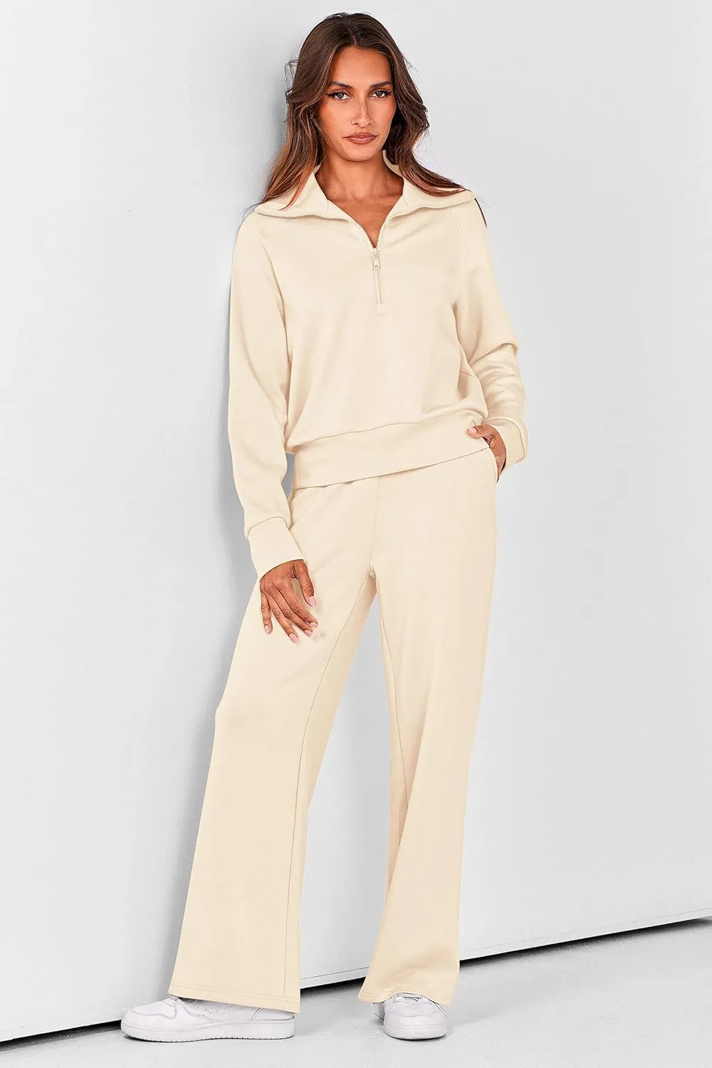 PRETTYGARDEN Women's 2 Piece Outfits Casual Lapel Half Zip Sweatshirts And Wide Leg Pants Tracksuit Sets