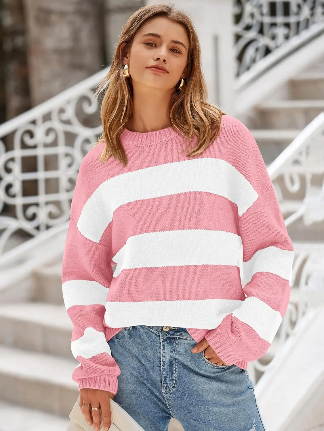 PRETTYGARDEN Womens 2024 Oversized Lantern Long Sleeve Striped Sweaters Fall Casual Crewneck Loose Chunky Knit Pullover Tops