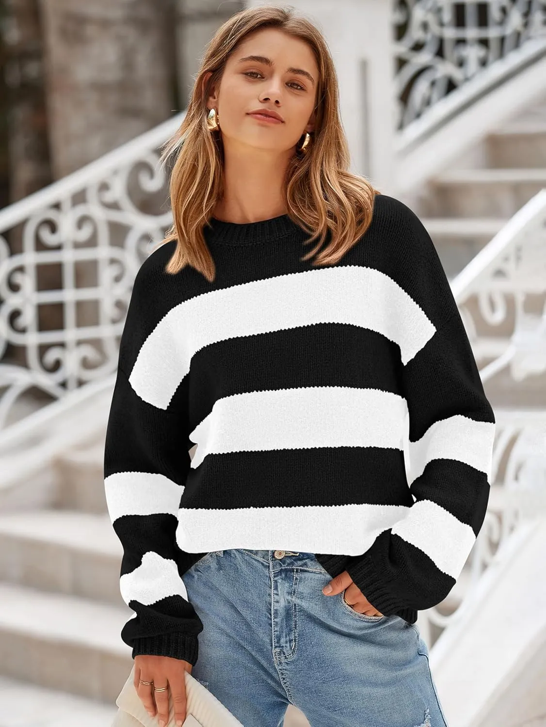 PRETTYGARDEN Womens 2024 Oversized Lantern Long Sleeve Striped Sweaters Fall Casual Crewneck Loose Chunky Knit Pullover Tops