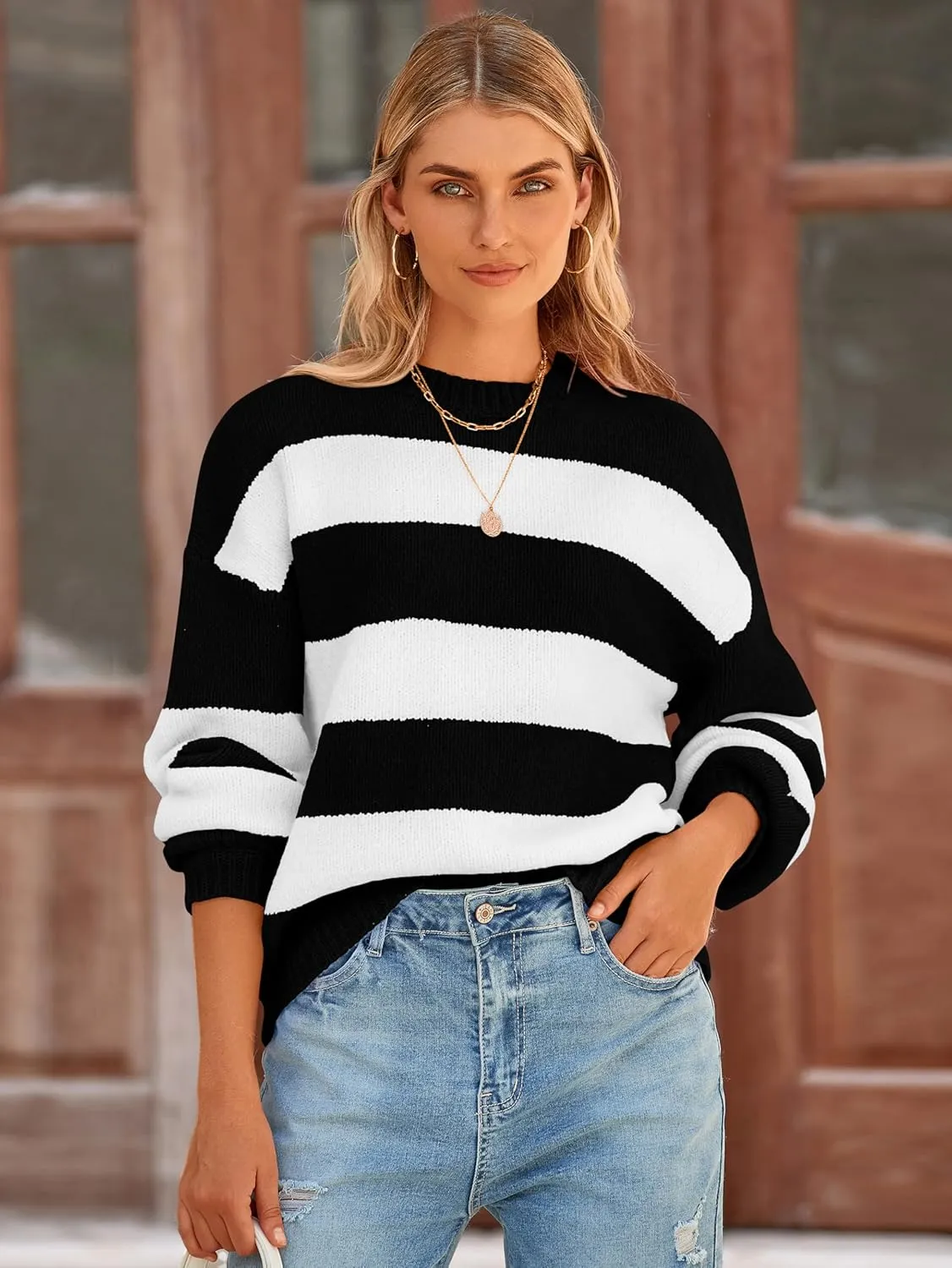 PRETTYGARDEN Womens 2024 Oversized Lantern Long Sleeve Striped Sweaters Fall Casual Crewneck Loose Chunky Knit Pullover Tops