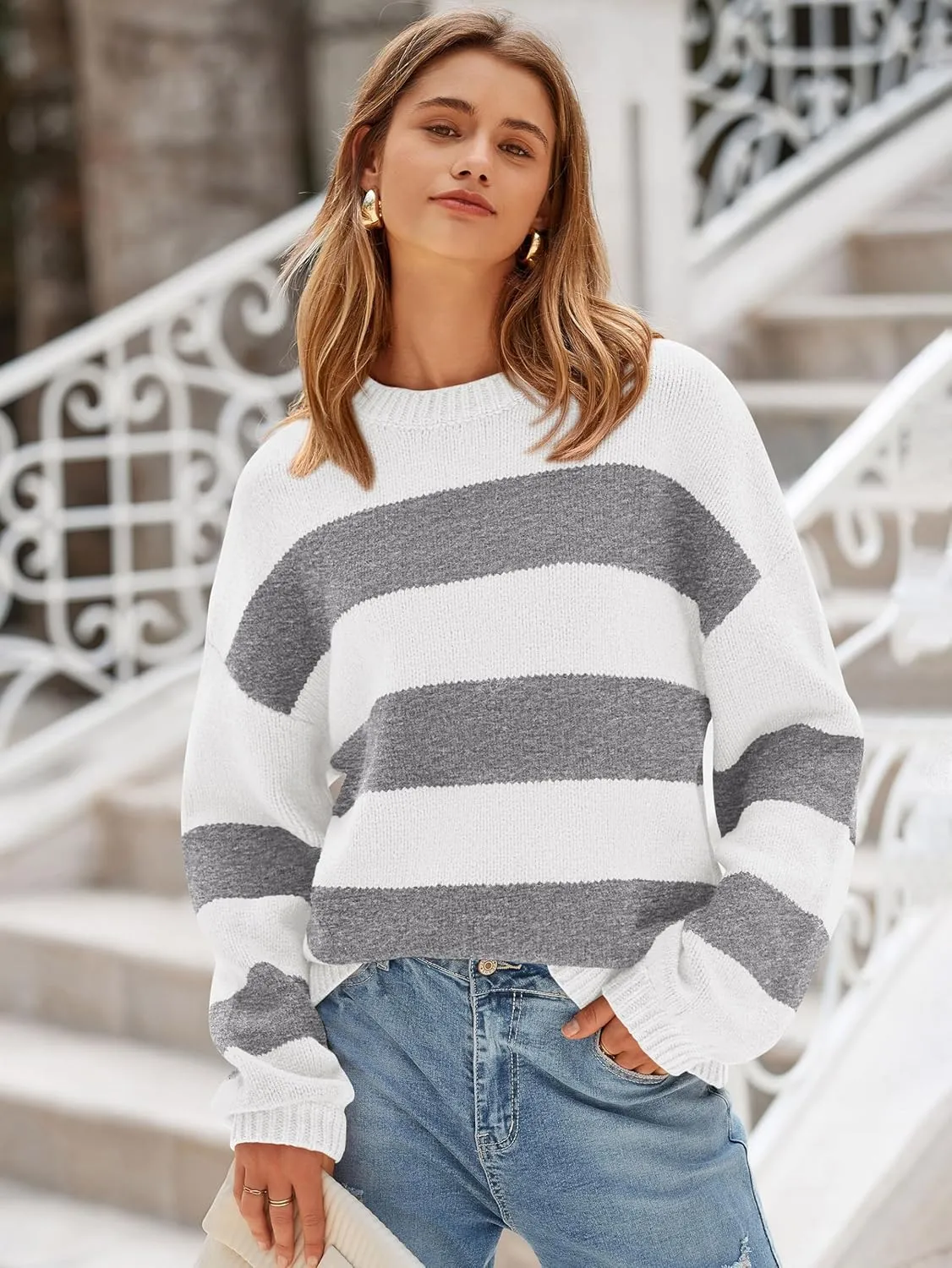 PRETTYGARDEN Womens 2024 Oversized Lantern Long Sleeve Striped Sweaters Fall Casual Crewneck Loose Chunky Knit Pullover Tops