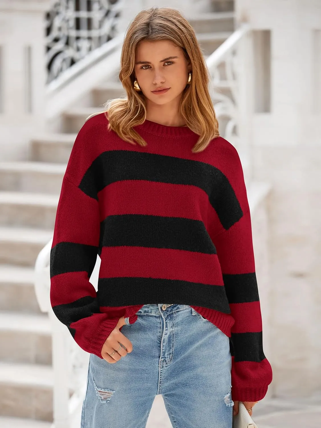 PRETTYGARDEN Womens 2024 Oversized Lantern Long Sleeve Striped Sweaters Fall Casual Crewneck Loose Chunky Knit Pullover Tops