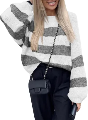 PRETTYGARDEN Womens 2024 Oversized Lantern Long Sleeve Striped Sweaters Fall Casual Crewneck Loose Chunky Knit Pullover Tops