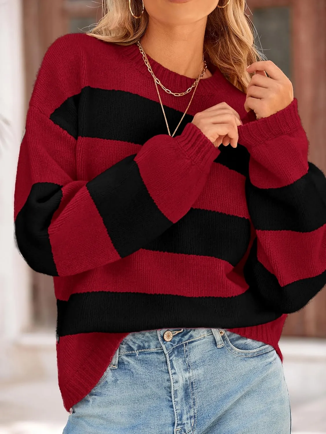 PRETTYGARDEN Womens 2024 Oversized Lantern Long Sleeve Striped Sweaters Fall Casual Crewneck Loose Chunky Knit Pullover Tops