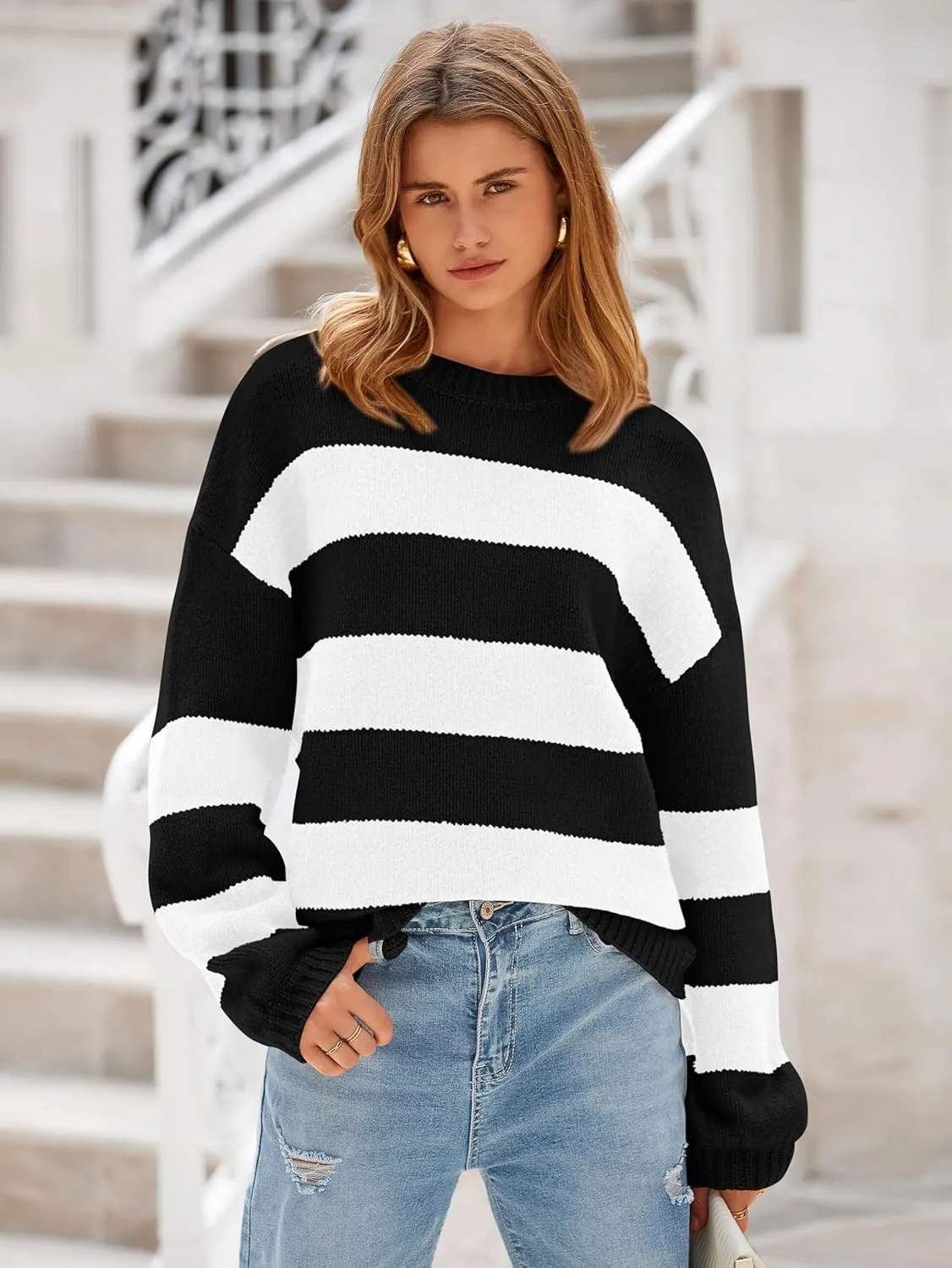 PRETTYGARDEN Womens 2024 Oversized Lantern Long Sleeve Striped Sweaters Fall Casual Crewneck Loose Chunky Knit Pullover Tops