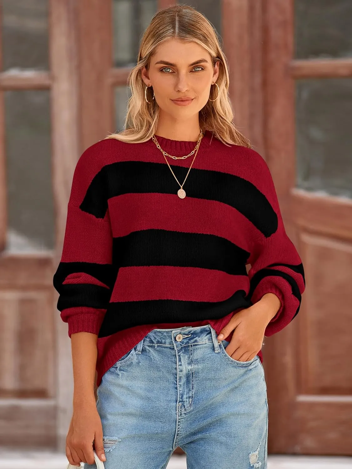 PRETTYGARDEN Womens 2024 Oversized Lantern Long Sleeve Striped Sweaters Fall Casual Crewneck Loose Chunky Knit Pullover Tops