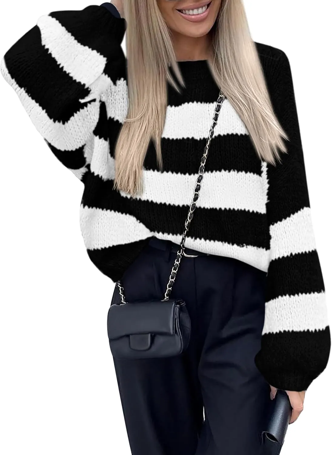 PRETTYGARDEN Womens 2024 Oversized Lantern Long Sleeve Striped Sweaters Fall Casual Crewneck Loose Chunky Knit Pullover Tops