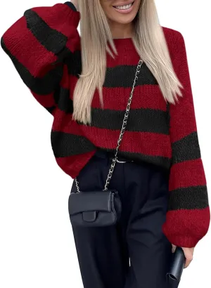 PRETTYGARDEN Womens 2024 Oversized Lantern Long Sleeve Striped Sweaters Fall Casual Crewneck Loose Chunky Knit Pullover Tops