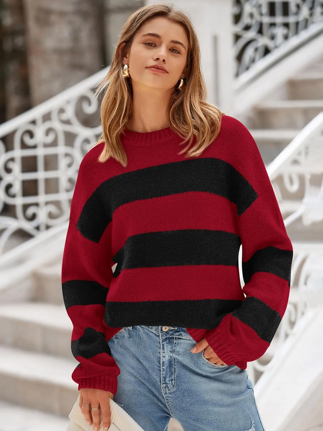 PRETTYGARDEN Womens 2024 Oversized Lantern Long Sleeve Striped Sweaters Fall Casual Crewneck Loose Chunky Knit Pullover Tops