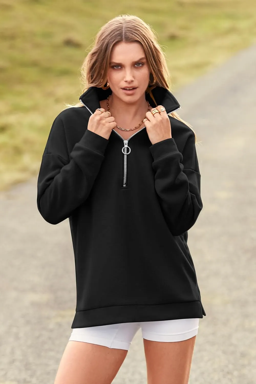 PRETTYGARDEN Women's Causal 1/4 Zip Pullover Long Sleeve Collar Sweatshirts Solid Activewear Running Jacket
