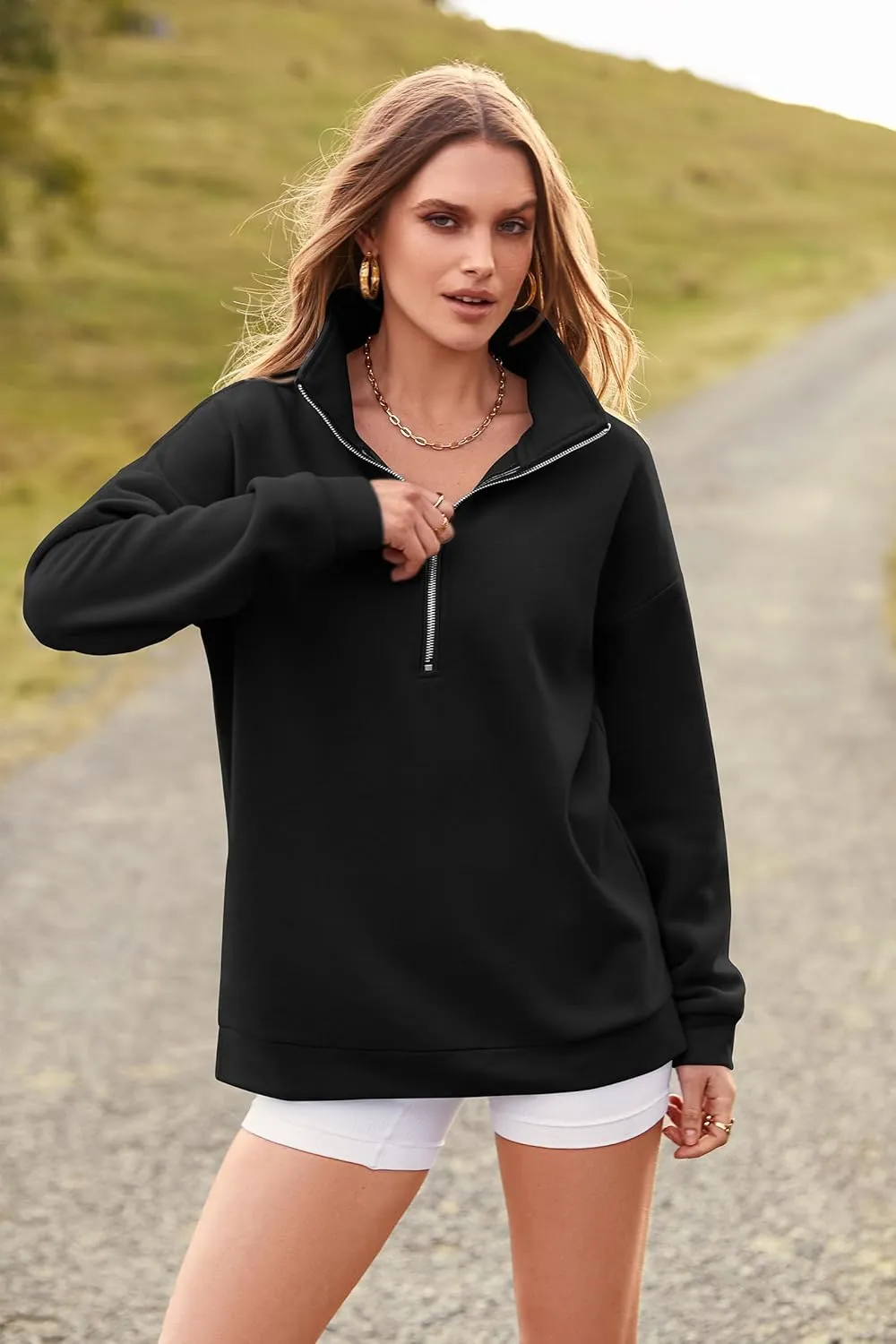 PRETTYGARDEN Women's Causal 1/4 Zip Pullover Long Sleeve Collar Sweatshirts Solid Activewear Running Jacket