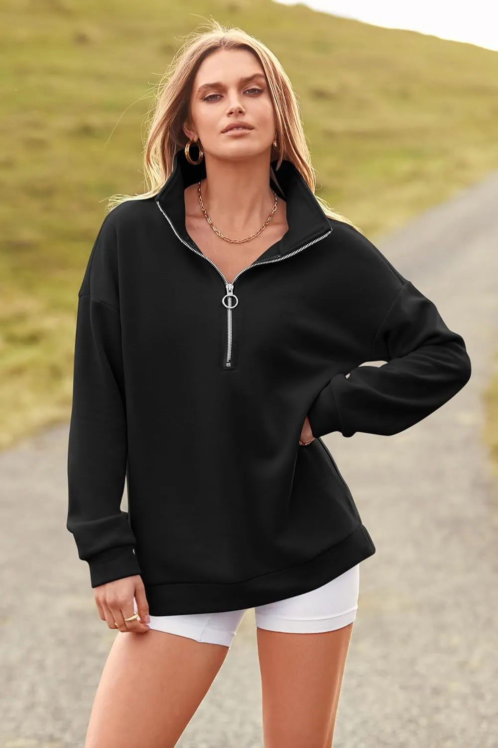 PRETTYGARDEN Women's Causal 1/4 Zip Pullover Long Sleeve Collar Sweatshirts Solid Activewear Running Jacket