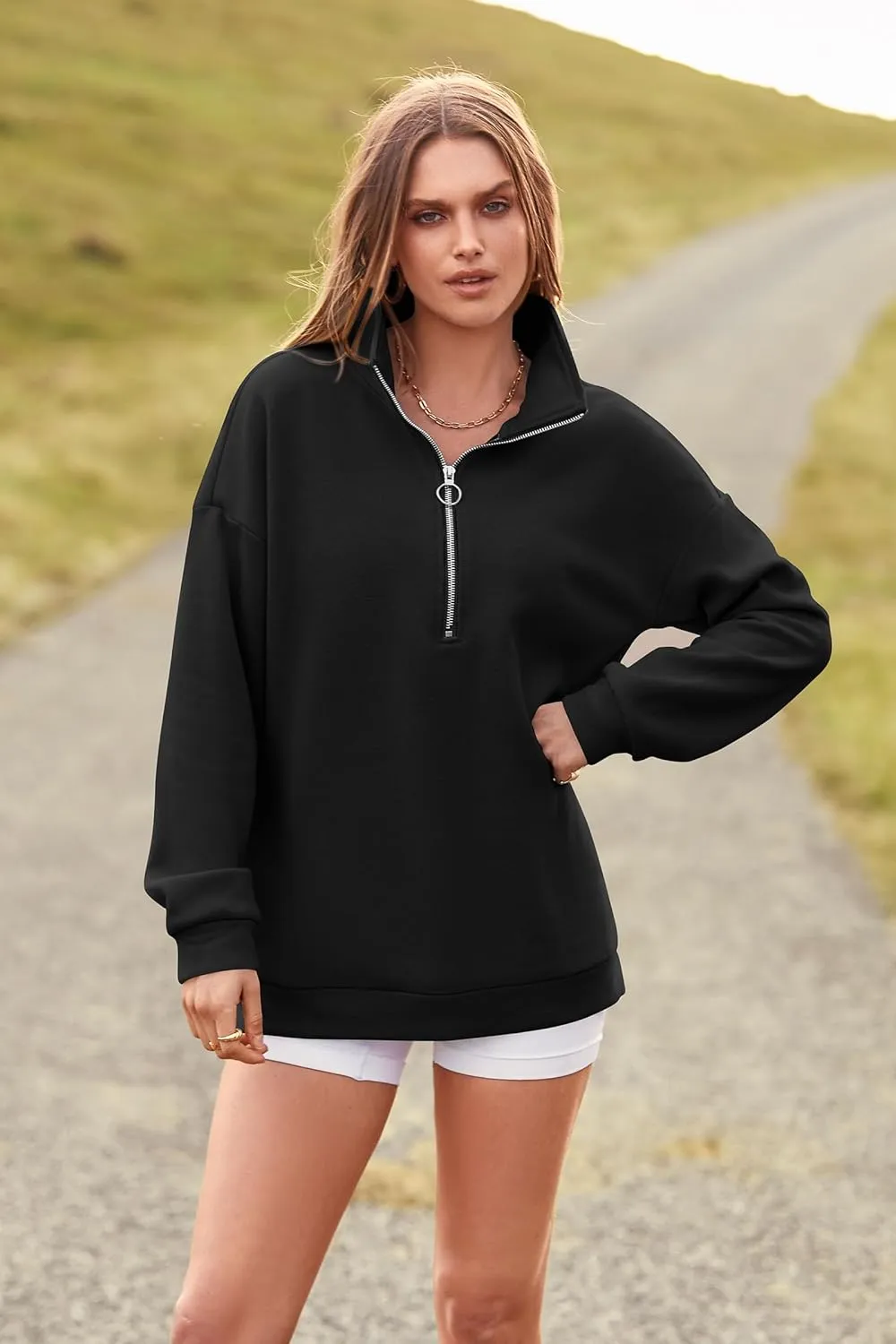 PRETTYGARDEN Women's Causal 1/4 Zip Pullover Long Sleeve Collar Sweatshirts Solid Activewear Running Jacket