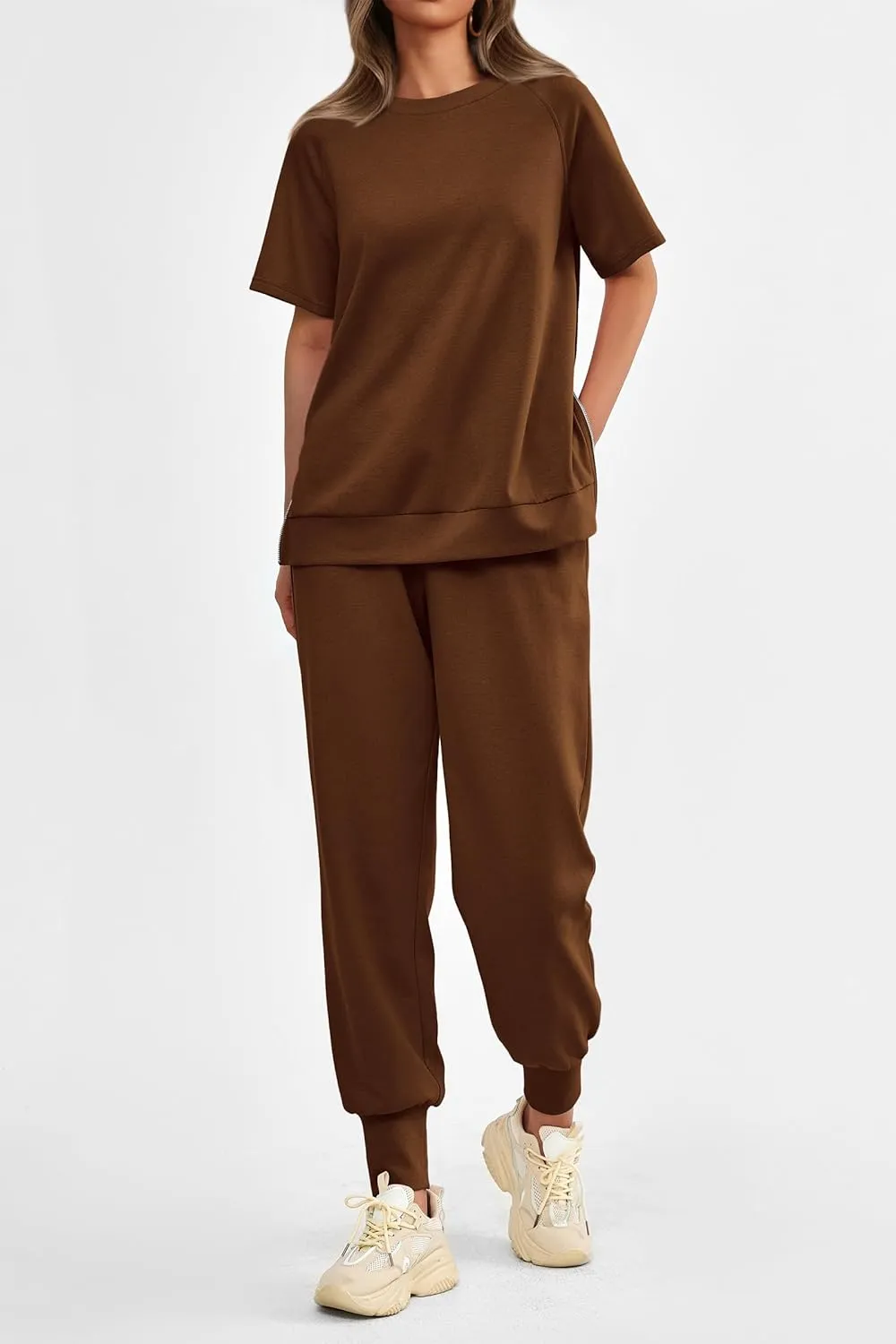 PRETTYGARDEN Women's Summer 2 Piece Outfit Tracksuits Casual Short Sleeve Tops High Waisted Sweatpants Set