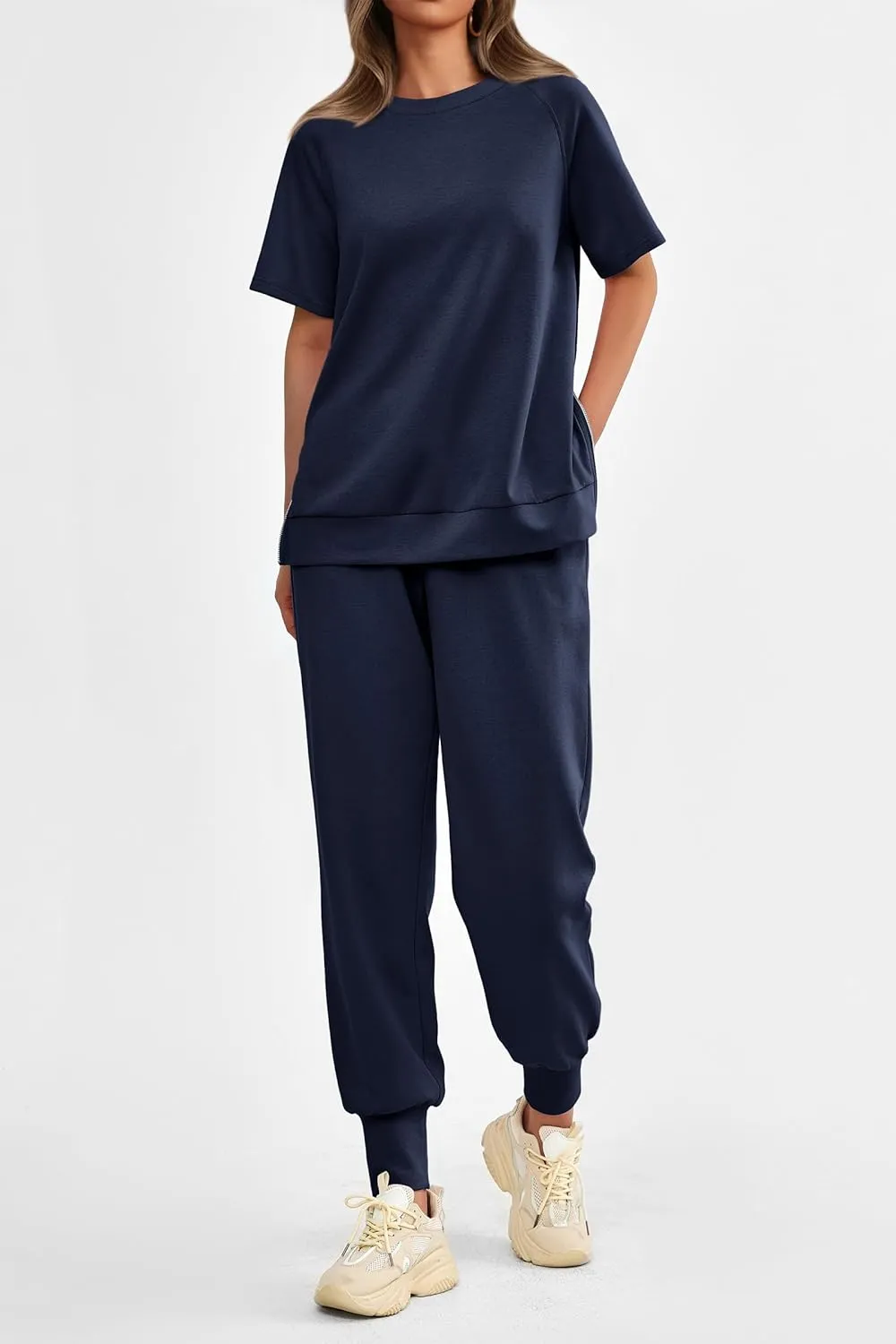 PRETTYGARDEN Women's Summer 2 Piece Outfit Tracksuits Casual Short Sleeve Tops High Waisted Sweatpants Set