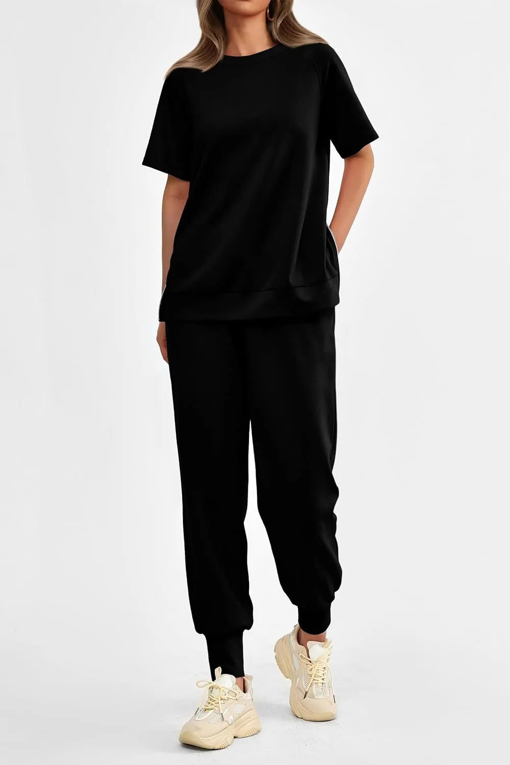 PRETTYGARDEN Women's Summer 2 Piece Outfit Tracksuits Casual Short Sleeve Tops High Waisted Sweatpants Set